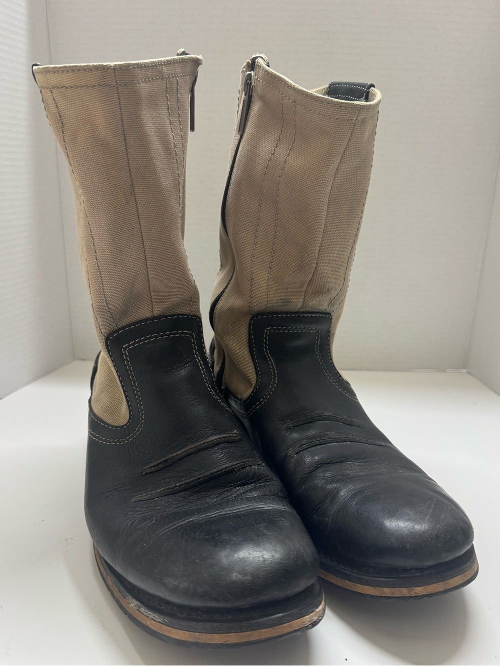 Harley-Davidson Black & Beige Leather Canvas Motorcycle Riding Boots - Size 11